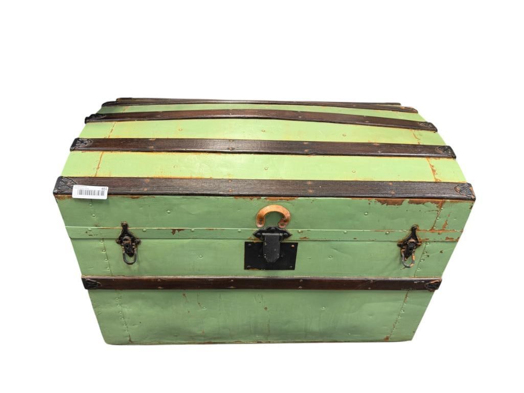 ANTIQUE CAMEL BACK TRUNK HAS BEEN PREVIOUSLY REPAINTED INCLUDES REMOVABLE TRAY: LEATHER HANDLES HAVE BEEN REPLACED ALONG WITH LOOP TO LIFT TOP, INTERIOR APPEARS ORIGINAL 33" X 20" X 22"