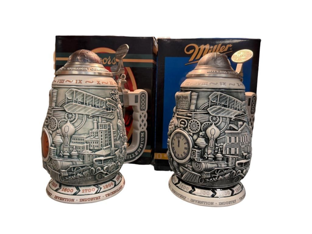 COORS AND MILLER MILLENIUM 2000 RELIEF STEINS MADE BY CERAMARTE IN BRAZIL LIMITED EDITION: EACH STEIN FEATURES DESIGN OF RELIEF OF AMERICAN MILESTONES SUCH AS TRANSPORTATION TECHNOLOGY, INDUSTRY, ETC. WORLD GLOBE PEWTER FLIP LIDS, EACH STEIN INCLUDES CERTIFICATE AND ORIGINAL BOX, LIKE-NEW