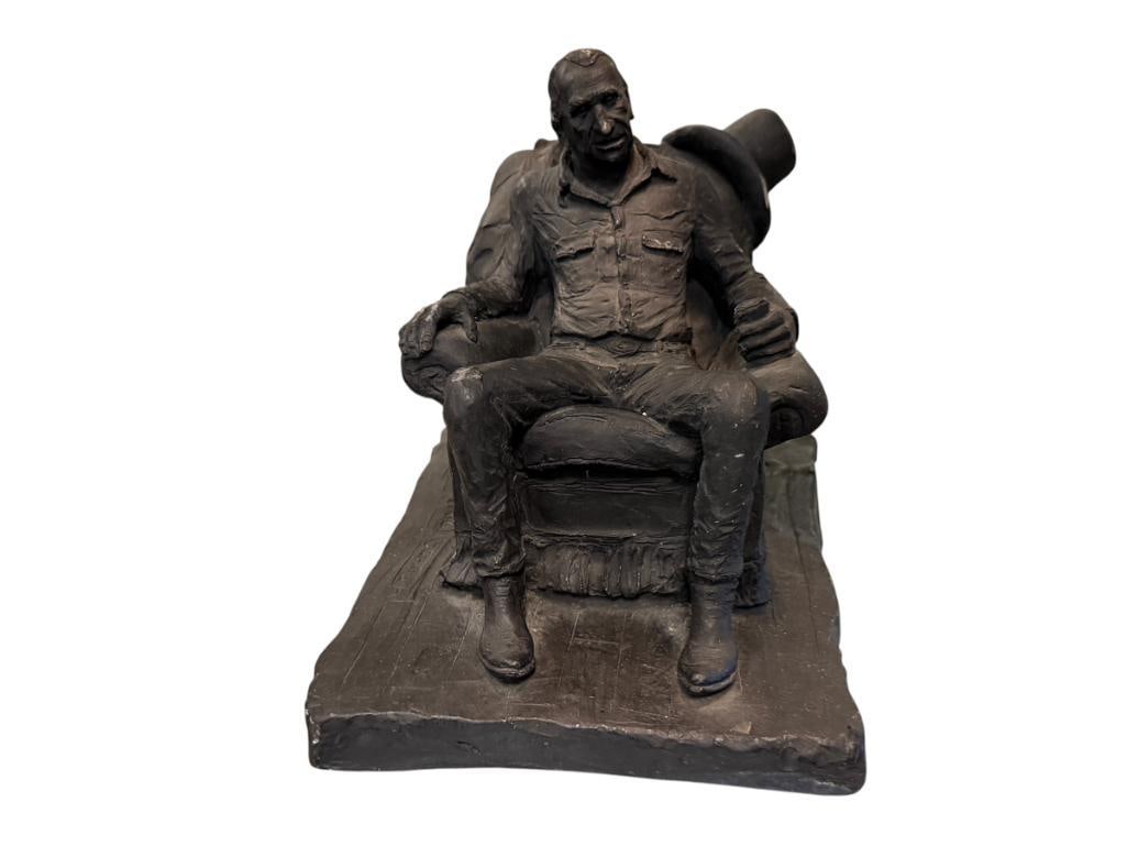 MICHAEL GARMAN AMERICAN SCULPTOR CERAMIC SCULPTURE OF A COWBOY SITTING 1973 (1 of 9)