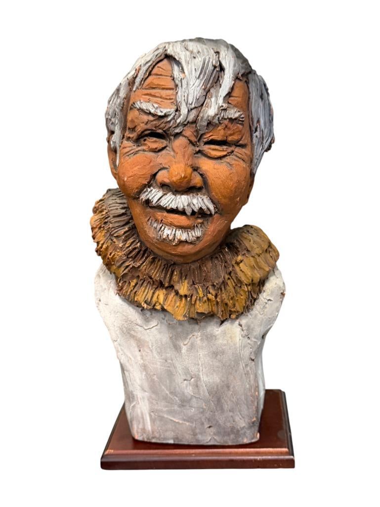 DAWSON SIGNED TERRACOTTA CLAY SCULPTURE BUST OF INDIGENOUS MAN: SIGNED ON THE BACK, INCLUDES WOOD BASE FOR DISPLAY 11" H