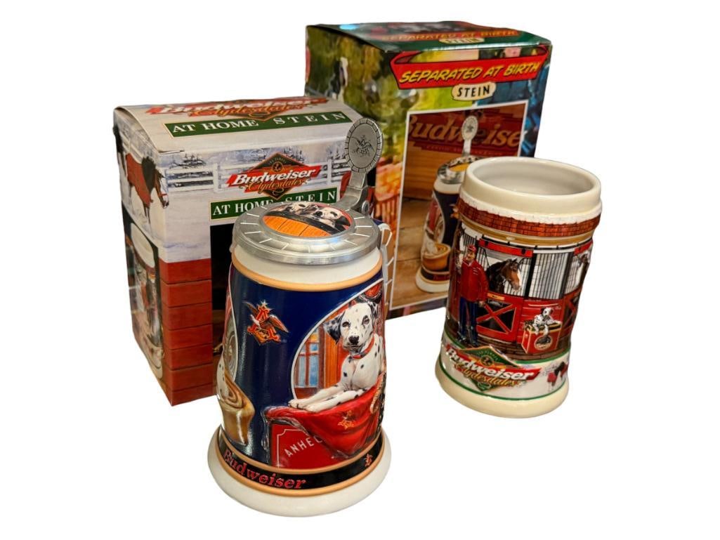 ANHEUSER-BUSCH / BUDWEISER RELIEF BEER STEINS THE CLYDESDALES AT HOME AND SEPERATED AT BIRTH: ONE WITH PEWTER FLIP LID, BOTH INCLUDE ORIGINAL BOX, LIKE-NEW 6" AND 6 1/2" H