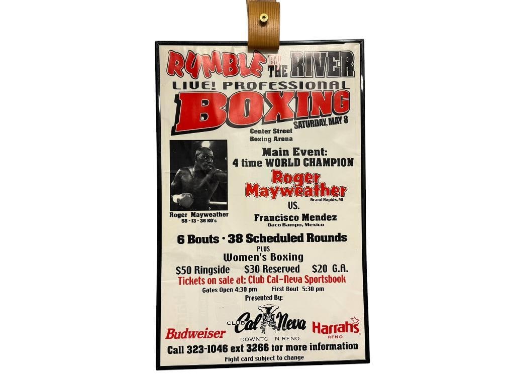 1999 CLUB CAL NEVA RENO, NEVADA ROGER MAYWEATHER VS. FRANCISCO MENDEZ FIGHT POSTER: ROGER MAYWEATHER IS THE FATHER OF FLOYD MAYWEATHER, HARRAH'S RENO, FRAMED, SHOWS SOME CREASES, "RUMBLE BY THE RIVER" 11" X 17"