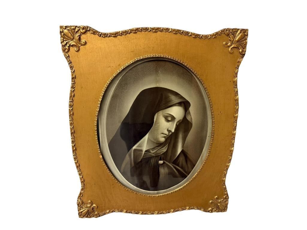 ANTIQUE RELIGIOUS MATER DOLOROSA PRINT " MOTHER OF SORROWS ": DEPICTING VIRGIN MARY IN SORROW, GILD WOOD AND GLASS FRAMED WITH FLORAL PATTERN AROUND BORDER OF FRAME 22" X 26"