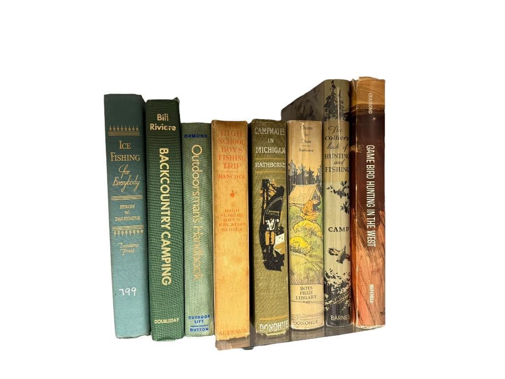 EIGHT VINTAGE BACKCOUNTRY AND OUTDOORSMAN THEMED BOOKS: INCLUDES "OUTDOORSMAN'S HANDBOOK" BY CLYDE ORMOND COPYRIGHT 1970 FIRST EDITION, "BACKCOUNTRY CAMPING" BY BILL RIVIERE, "ICE FISHING FOR EVERYBODY" BY BYRON W. DALRYMPLE, AND MORE, COPYRIGHTS DATE