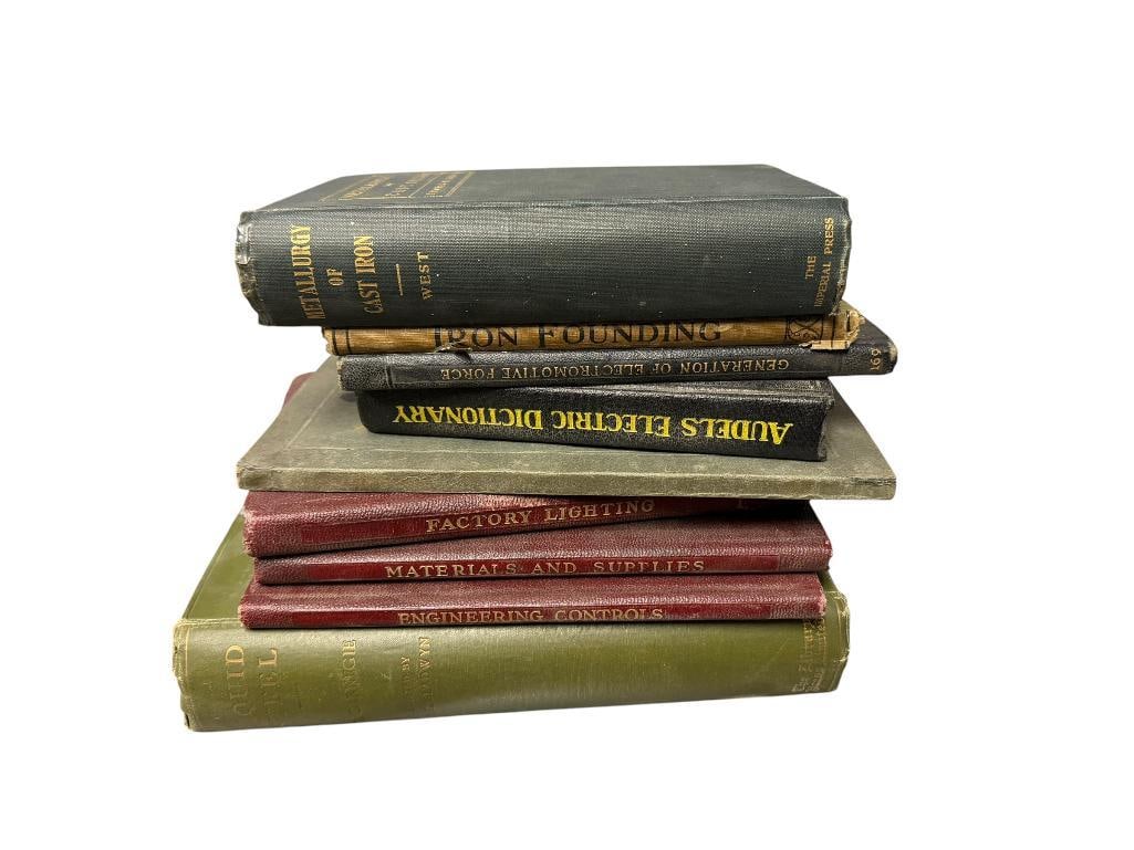 NINE ASSORTED BOOKS INCLUDING PERTAINING TO INDUSTRIAL THEMES INCLUDNG " METALLURGY OF CAST IRON ": MOSTLY ANTIQUE, ALSO INCLUDES "AUDELES ELECTRIC DICTIONARY," THREE LINCOLN FACTORY EXECUTIVE SERVICE BOOKS COPYRIGHT 1940'S, "LIQUID STEEL ITS MANUFACTURE AND COST" BY DAVID CARNEGIE, AND MORE, SOME H