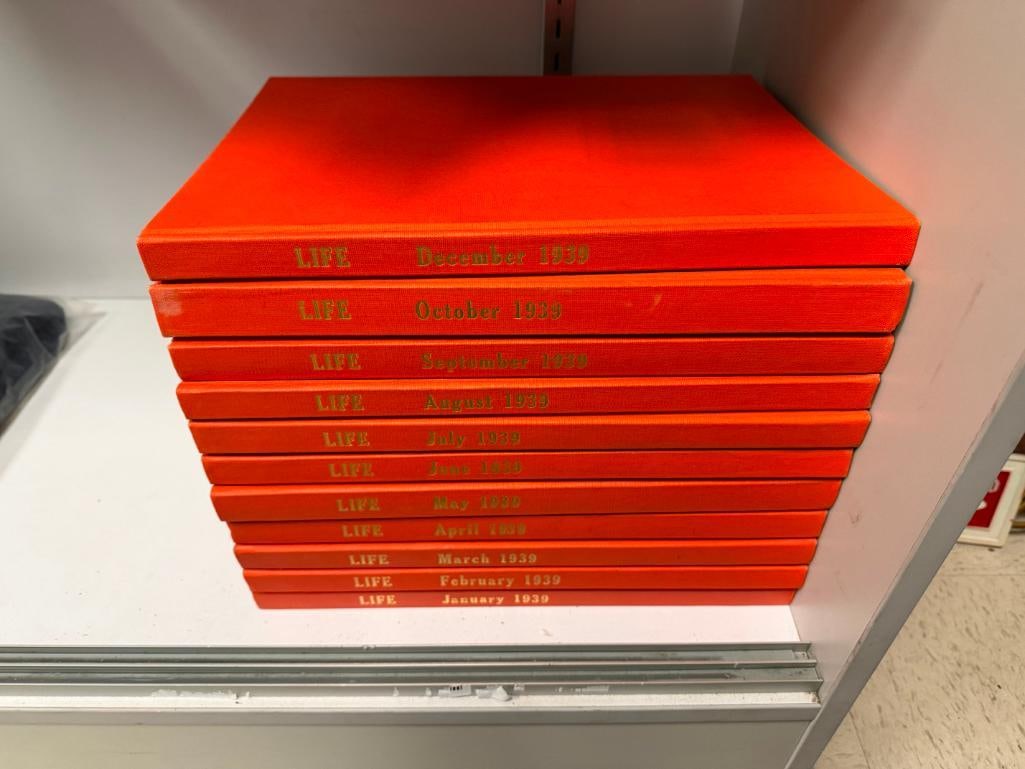 11 OF 12 VOLUMES OF LIFE MAGAZINE 1939 MONTHLY ISSUE HARDCOVER BOOKS OF BOUND WEEKLY ISSUES: FROM HARRAH'S AUTOMOTIVE LIBRARY, GOOD CONDITION, MISSING NOVEMBER ISSUE 10 1/2" X 14"