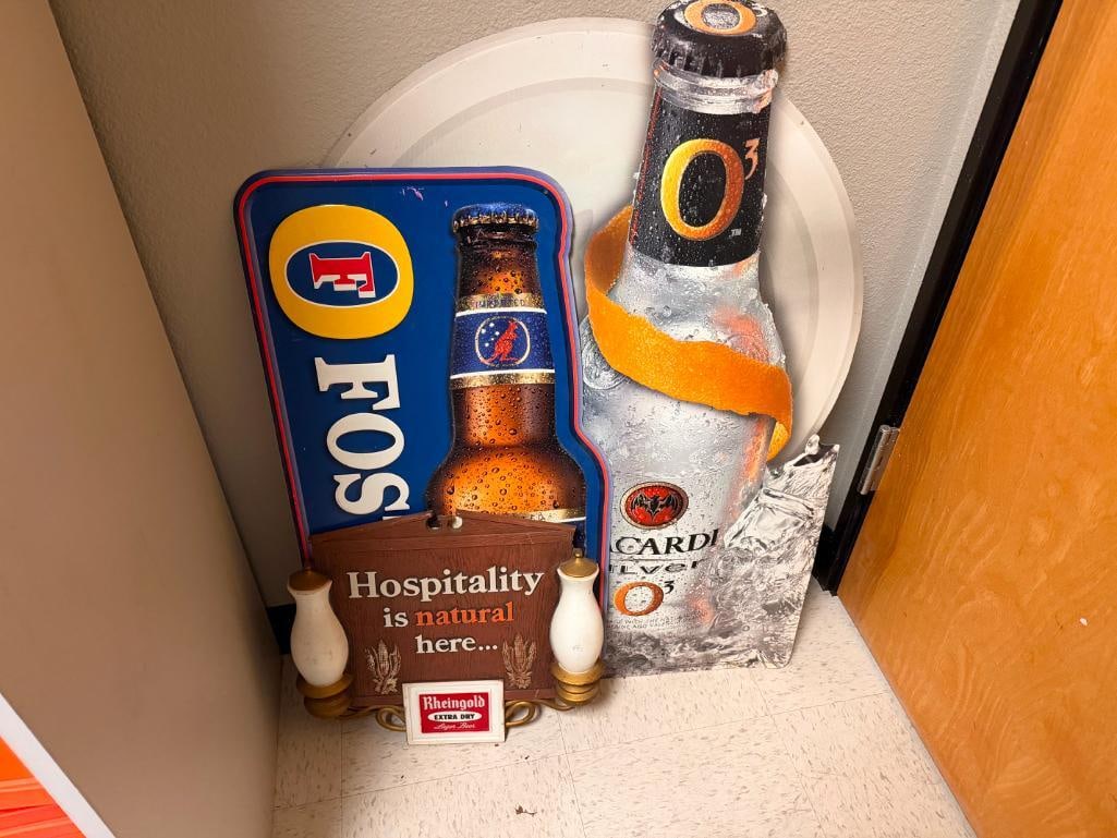 THREE BEER SIGNS INCLUDING FOSTERS TIN SIGN, BACARDI SILVER TIN SIGN, AND VINTAGE RHEINGOLD LAGER - 2
