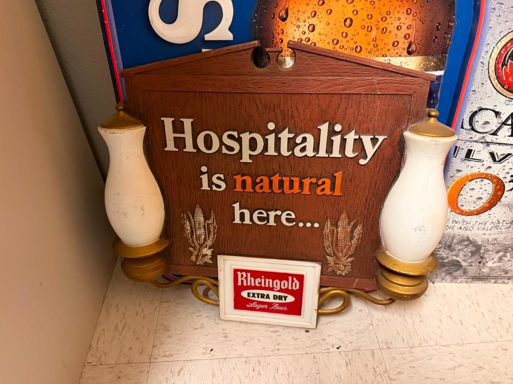 THREE BEER SIGNS INCLUDING FOSTERS TIN SIGN, BACARDI SILVER TIN SIGN, AND VINTAGE RHEINGOLD LAGER - 3