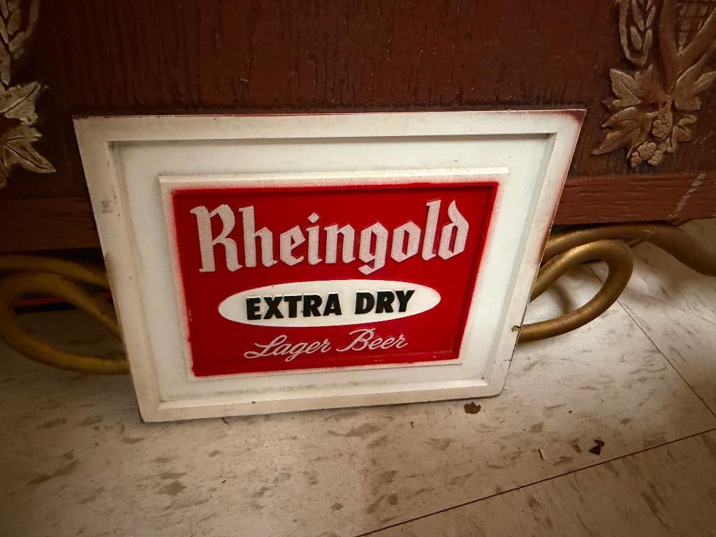THREE BEER SIGNS INCLUDING FOSTERS TIN SIGN, BACARDI SILVER TIN SIGN, AND VINTAGE RHEINGOLD LAGER - 4