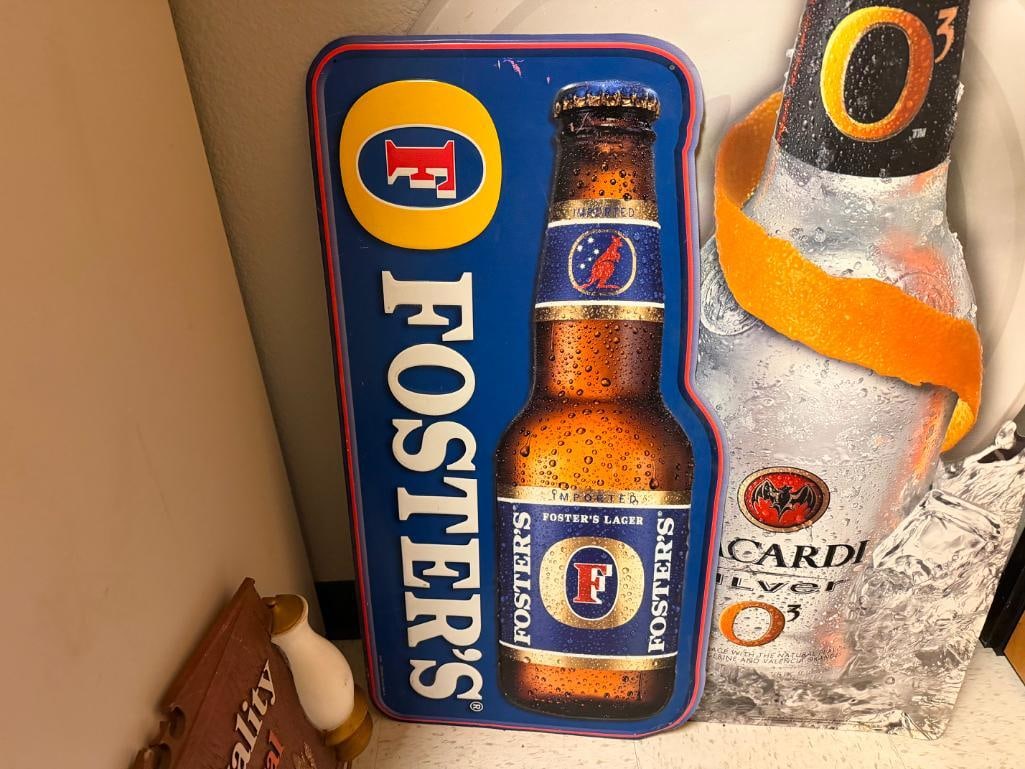 THREE BEER SIGNS INCLUDING FOSTERS TIN SIGN, BACARDI SILVER TIN SIGN, AND VINTAGE RHEINGOLD LAGER - 5
