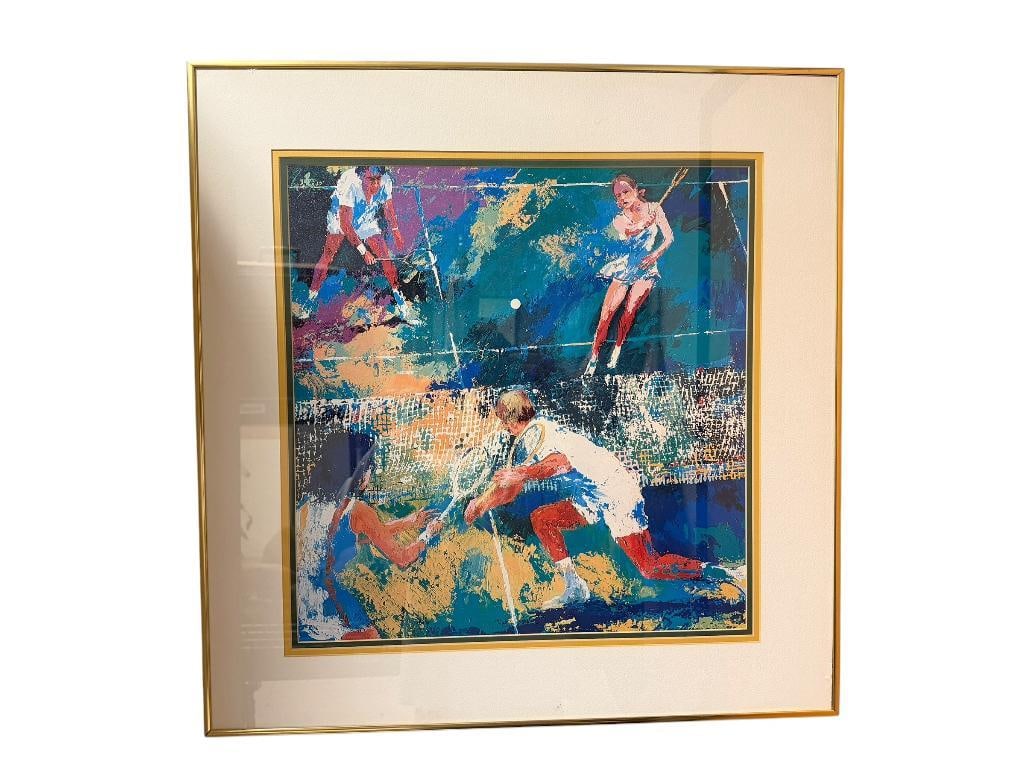 LEROY NEIMAN " MIXING DOUBLES " TEXTURED LITHOGRAPH: FEATURING CLASSIC LEROY NEIMAN VIBRANT COLORS, FRAMED AND DOUBLE MATTED, FRAMING CUTS OFF LEROY NEIMAN PRINT SIGNATURE IN LOWER RIGHT 25" X 26" FRAME