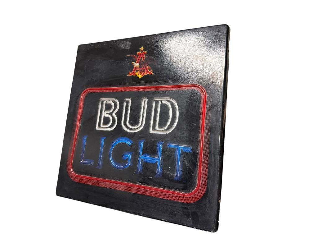 ANHEUSER BUSCH BUD LIGHT ADVERTISEMENT LIGHTED BEER SIGN: HARD PLASTIC SHELL, WITH CLASSIC RED, WHITE, AND BLUE BUD LIGHT DESIGN, ANHEUSER INSIGNIA AT TOP, TESTED + 18" X 4 1/2" X 18"