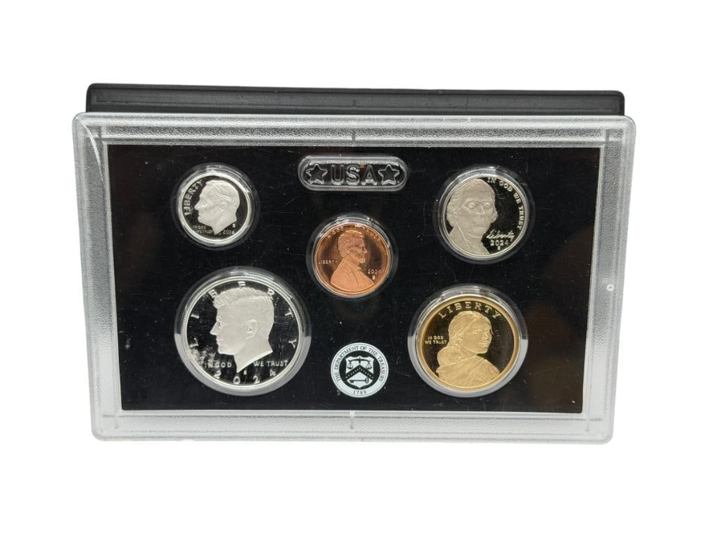2024 U.S. HALF PROOF SET FEATURING FIVE COINS INCLUDING TWO 90% SILVER COINS: INCLUDES SACAGAWEA DOLLAR, 90% SILVER KENNEDY HALF, 90% SILVER ROOSEVELT DIME, JEFFERSON NICKEL, AND LINCOLN CENT