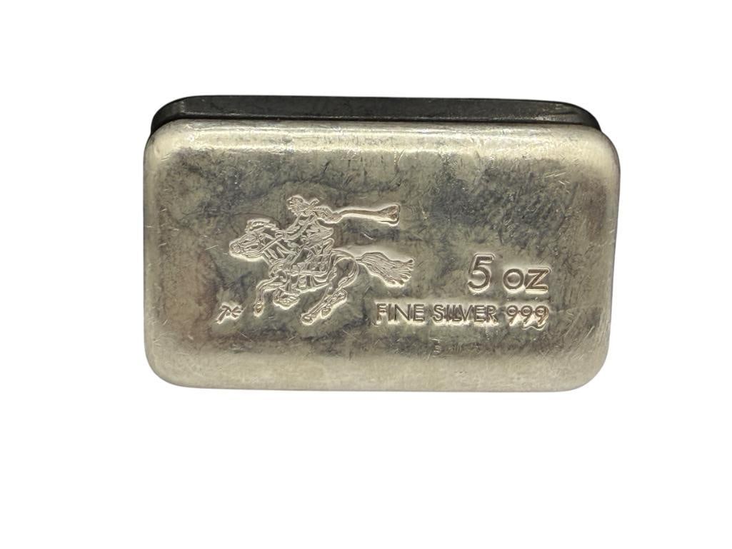FIVE TROY OUNCE .999 FINE SILVER BAR: FEATURING MAN ON HORSEBACK STAMP 5 TROY OUNCES, 2 3/8"
