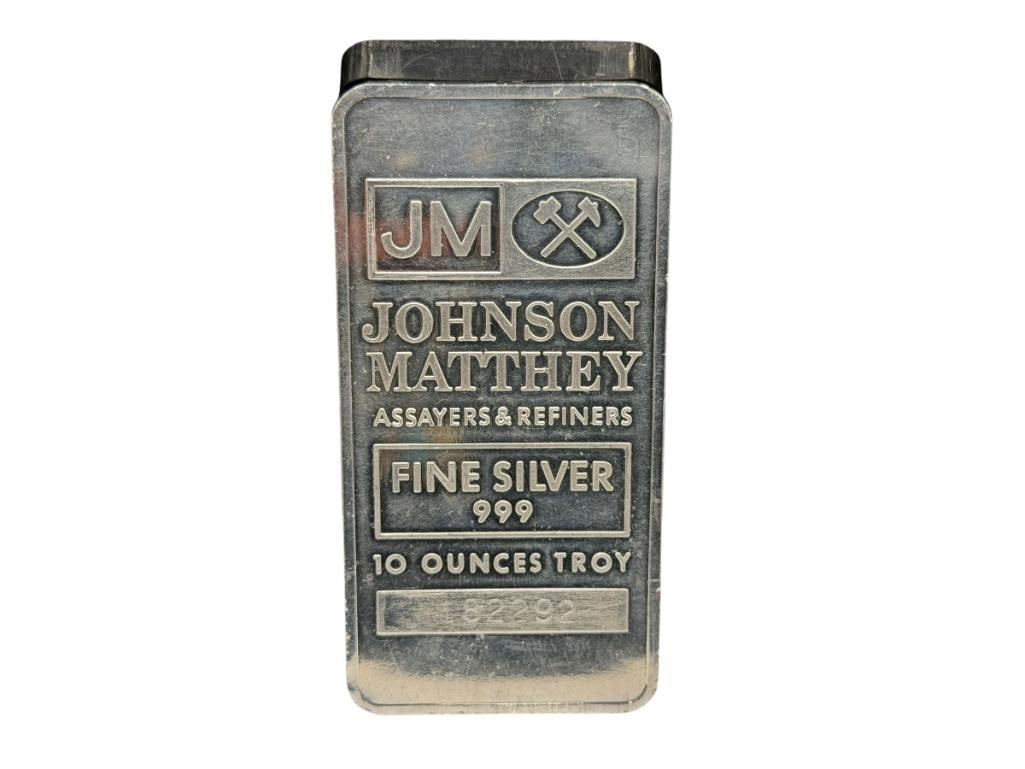 JOHNSON MATTHEY ASSAYERS & REFINERS 10 TROY OUNCE .999 FINE SILVER BAR: 10 TROY OUNCES, 3 1/2"