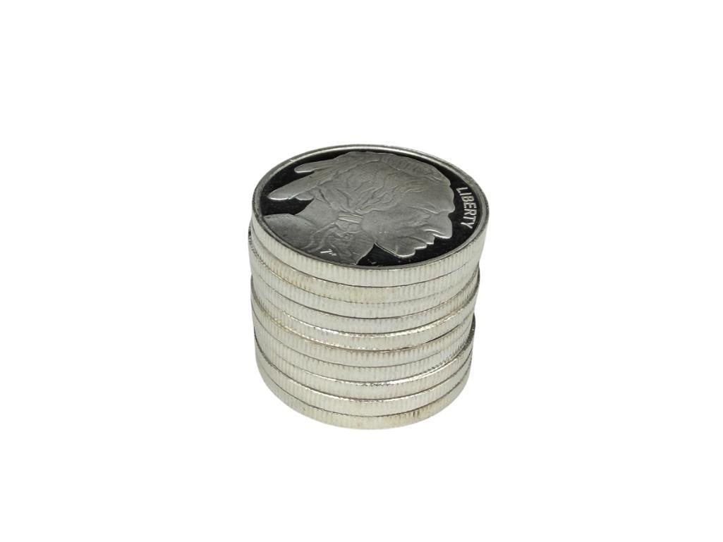 10 .999 FINE SILVER BUFFALO NICKEL THEMED HALF OUNCE ROUNDS: 1/2 TROY OUNCE EACH, 1 1/4"