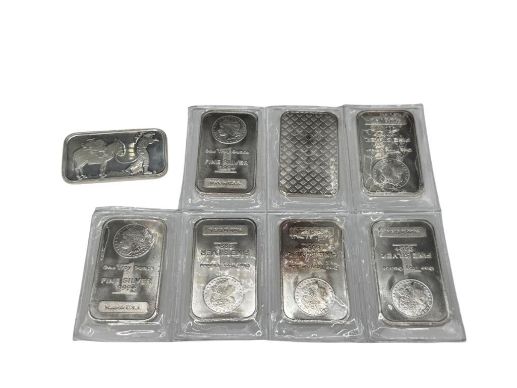 EIGHT .999 FINE SILVER BARS BY SILVER TOWNE MINT AND MORGAN SILVER DOLLAR THEMED DESIGN: INCLUDES ONE SILVER TOWNE MINT PROSPECTOR DESIGN SILVER BAR 1 TROY OUNCE EACH, 2"