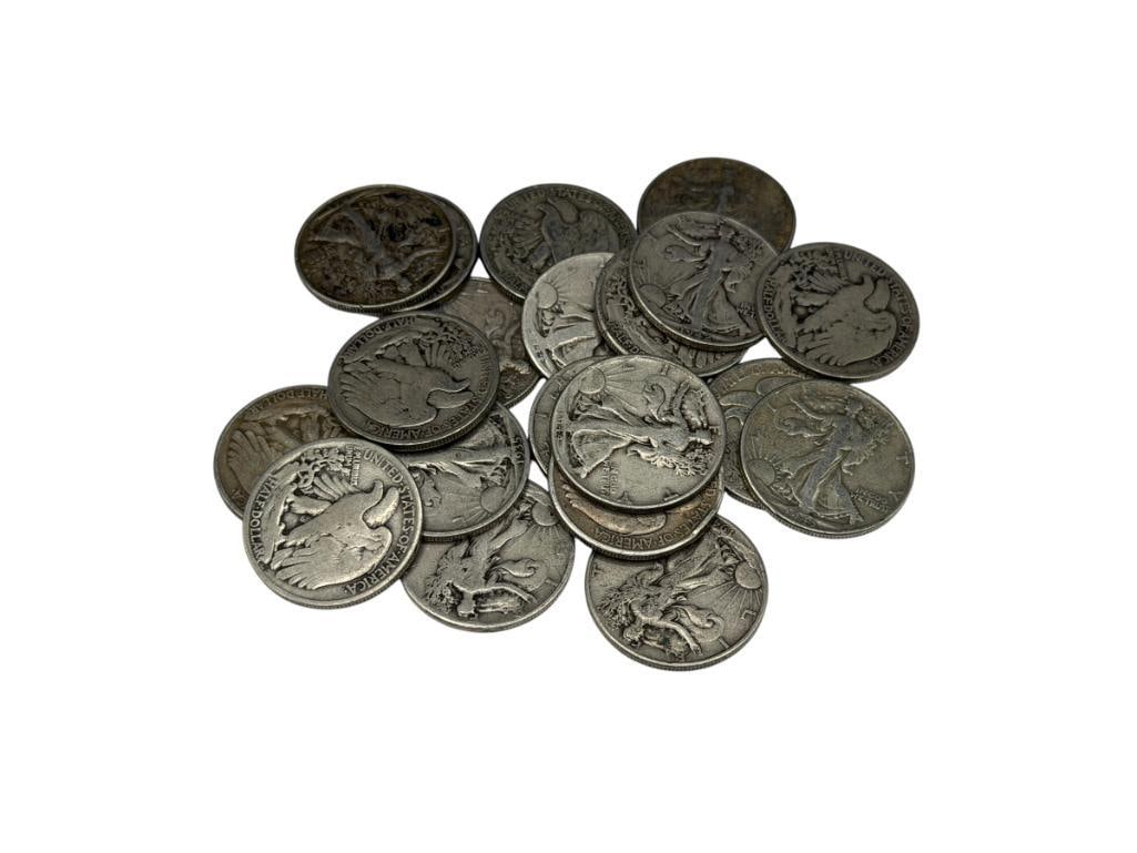 $10 ROLL OF U.S. WALKING LIBERTY SILVER HALF DOLLARS FEATURING VARIOUS DATES AND MINT MARKS: 90% SILVER
