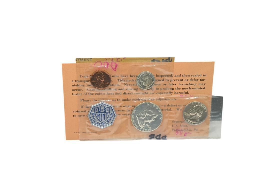 1963 U.S. MINT PROOF SET INCLUDING THREE 90% SILVER COINS BUT MISSING THE JEFFERSON NICKEL: INCLUDES FRANKLIN SILVER HALF DOLLAR, WASHINGTON SILVER QUARTER, AND ROOSEVELT SILVER DIME, INCLUDES ENVELOPE