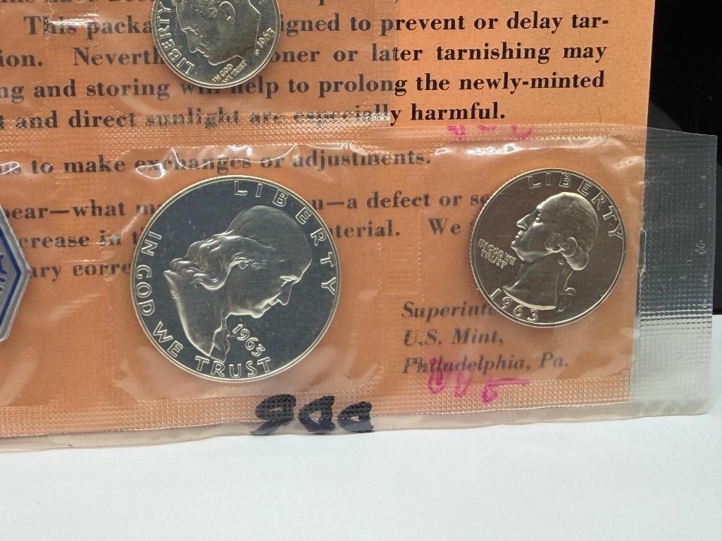 1963 U.S. MINT PROOF SET INCLUDING THREE 90% SILVER COINS BUT MISSING THE JEFFERSON NICKEL - 2