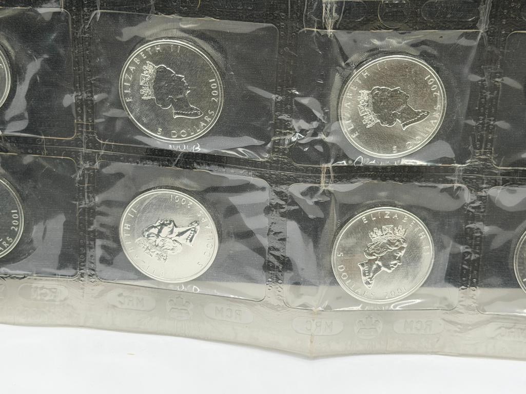 10 UNCIRCULATED 2001 ELIZABETH II CANADIAN SILVER $5 MAPLE LEAFS - 2
