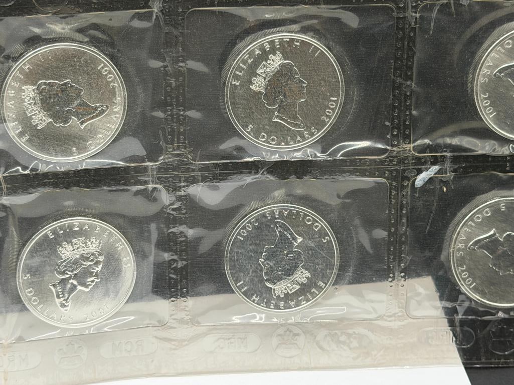 10 UNCIRCULATED 2001 ELIZABETH II CANADIAN SILVER $5 MAPLE LEAFS - 3