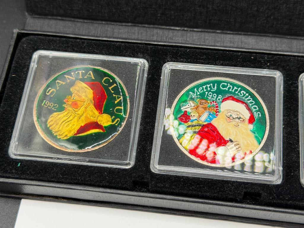 FIVE CHRISTMAS THEMED HOLIDAY SANTA CLAUS .999 FINE SILVER ENAMELED ROUNDS - 2