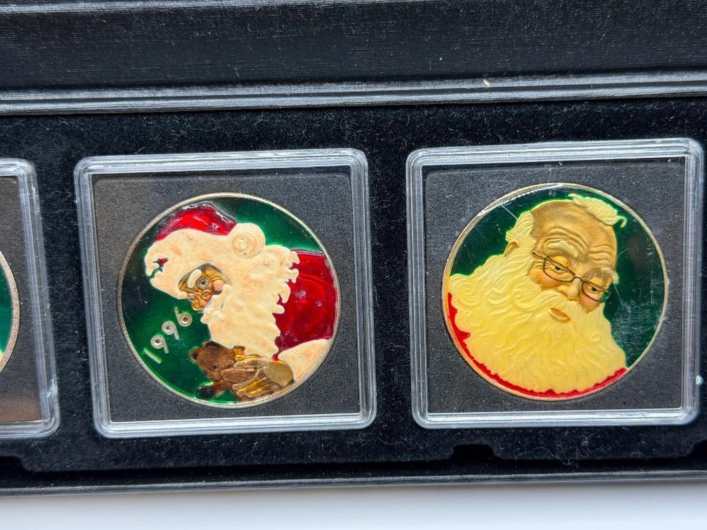 FIVE CHRISTMAS THEMED HOLIDAY SANTA CLAUS .999 FINE SILVER ENAMELED ROUNDS - 3