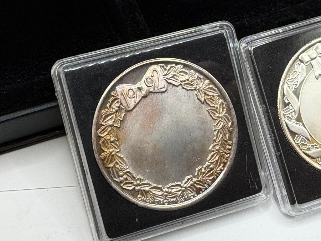 FIVE CHRISTMAS THEMED HOLIDAY SANTA CLAUS .999 FINE SILVER ENAMELED ROUNDS - 6