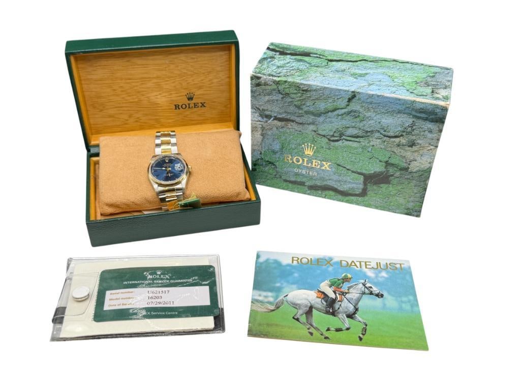1997 ROLEX MODEL 16203 DATEJUST TWO-TONE MEN'S WRISTWATCH: FEATURING BLUE DIAL, SERIAL # U621517, INCLUDES ORIGINAL BOX AND PAPERWORK, IN GOOD RUNNING CONDITION, ROLEX STEELINOX STAINLESS STEEL TWO TONE BAND 35MM CASE