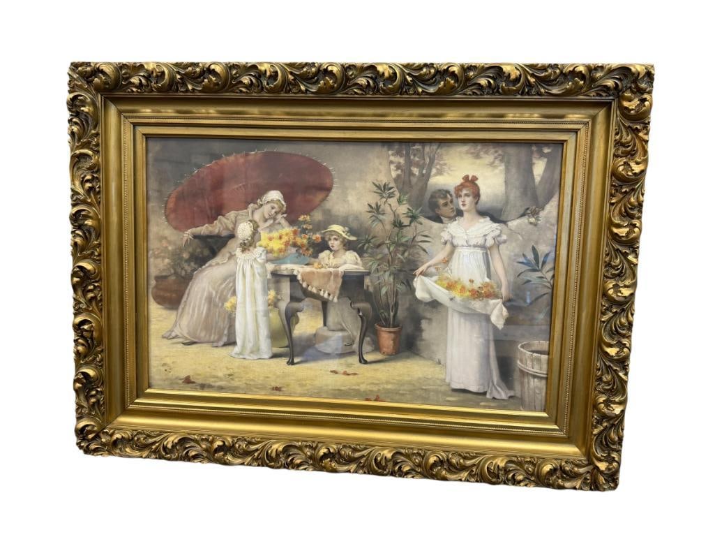 MAUDE GOODMAN BRITISH ARTIST VICTORIAN ERA PRINT: MAUDE GOODMAN (1853-1938) WAS A BRITISH ARTIST KNOWN FOR DOMESTIC LIFE ART, PRINT DEPICTS SCENE OF MOTHER AND CHILDREN AND LOVER IN WINDOW, PLATE SIGNED LOWER LEFT, FRAMED 35" X 26" FRAME