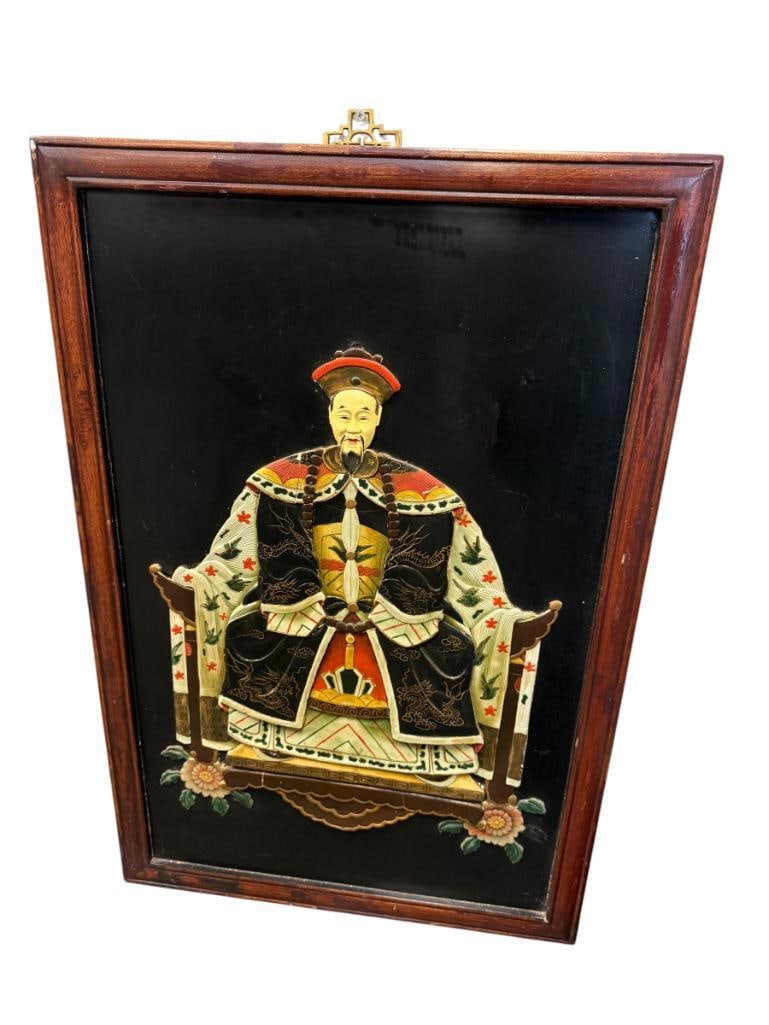 20TH CENTURY HAND PAINTED CARVED 3D ART OF A SEATED EMPEROR: FRAMED 24" X 35"