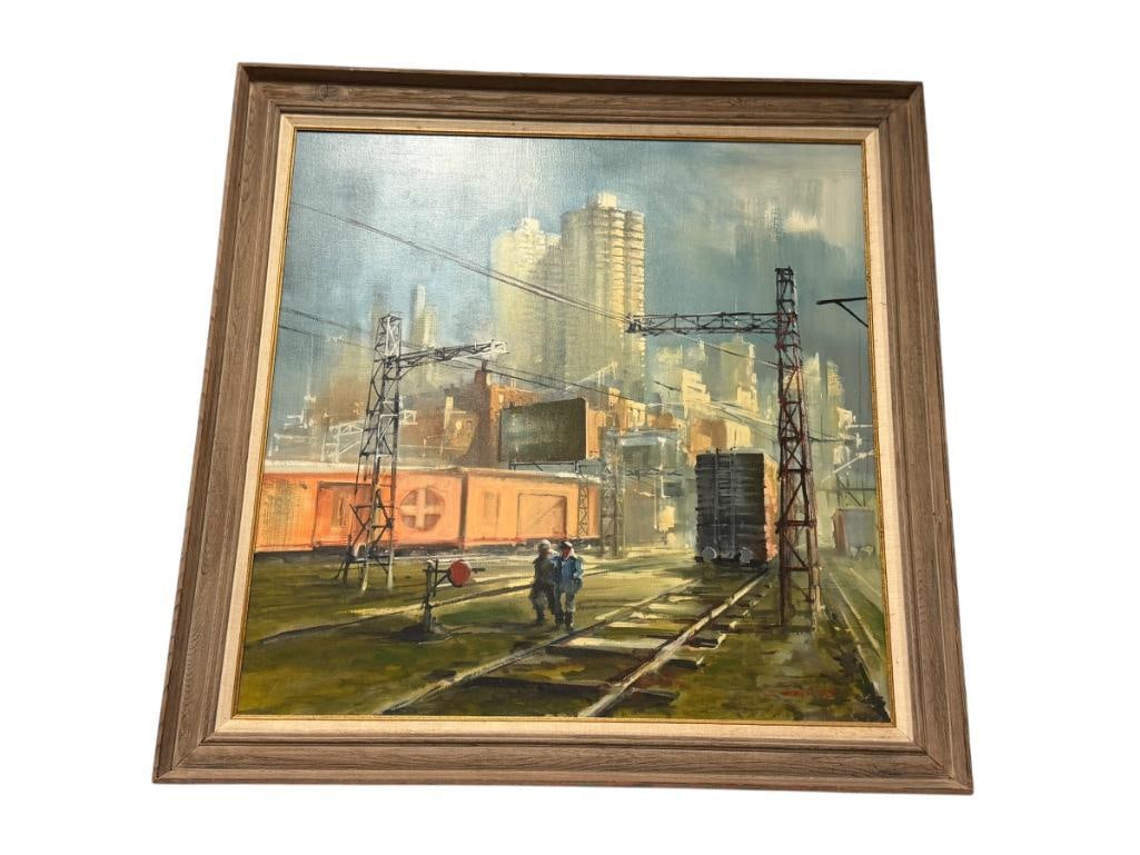 JOSE LUIS CAMPUZANO SPANISH ARTIST LARGE ORIGINAL OIL ON CANVAS PAINTING: JOSE LUIS CAMPUZANO (1918-1979) WAS BORN IN SPAIN STUDIED AT THE SCHOOL OF ARTS AND FUNCTION, ART DEPICTS WORKERS AT A RAIL YARD WITH CITY IN THE BACKGROUND, SIGNED LOWER RIGHT, FRAMED 43" X 42 1/2"