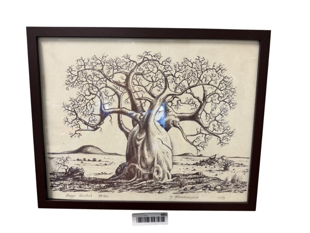K. HARRINGRON LIMITED EDITION PRINT OF AFRICAN BAOBAB TREE TREE OF LIFE NATIVE TO AFRICAN CONTINENT: SIGNED LOWER RIGHT, NO. 22/250, FRAMED 12" X 15" FRAME