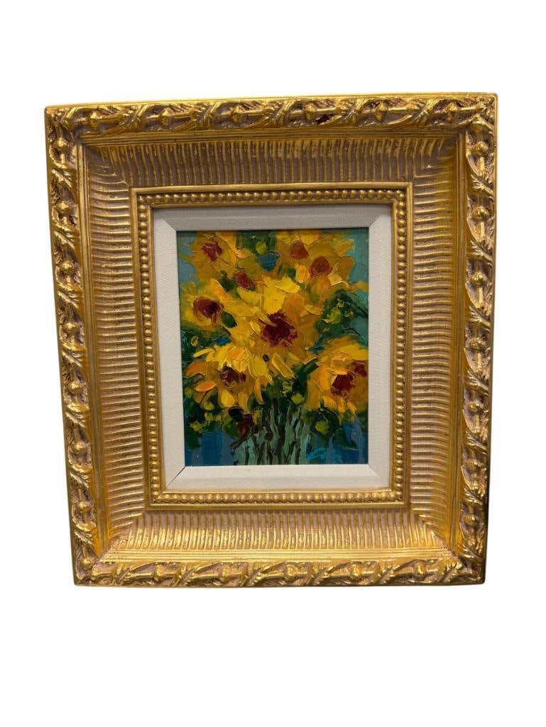 SIGNED ORIGINAL HEAVY ACRYLIC ON CANVAS SUNFLOWERS FLORAL PAINTING: SIGNED LOWER RIGHT, FRAMED 15 1/2" X 18" FRAME