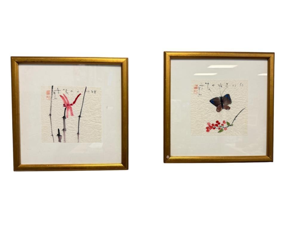JOHN CHEN SUMI-E STYLE BRUSH PAINTINGS ONPAPER DRAGON FLY AND BUTTERFLY: WITH EMBOSSED MARK ON THE LOWER RIGHT, FRAMED 13" X 13" FRAME
