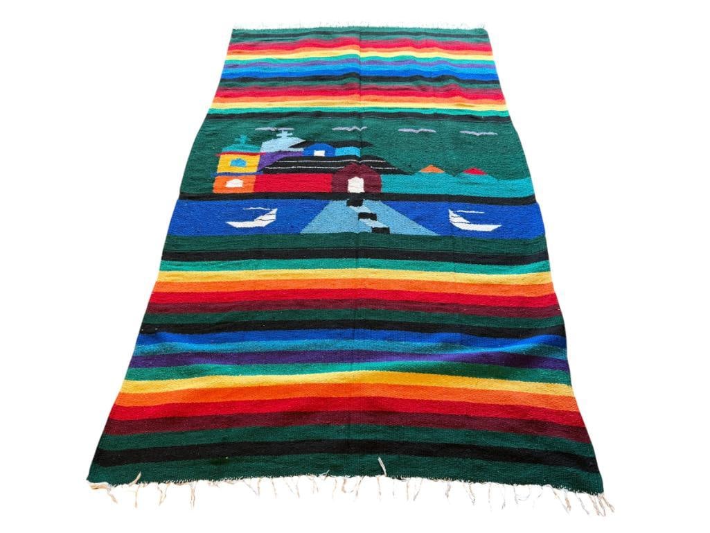 VINTAGE MEXICAN WOVEN RUG WITH VIBRANT STRIPE DESIGN AND CENTRAL VILLAGE LANDSCAPE (1 of 7)