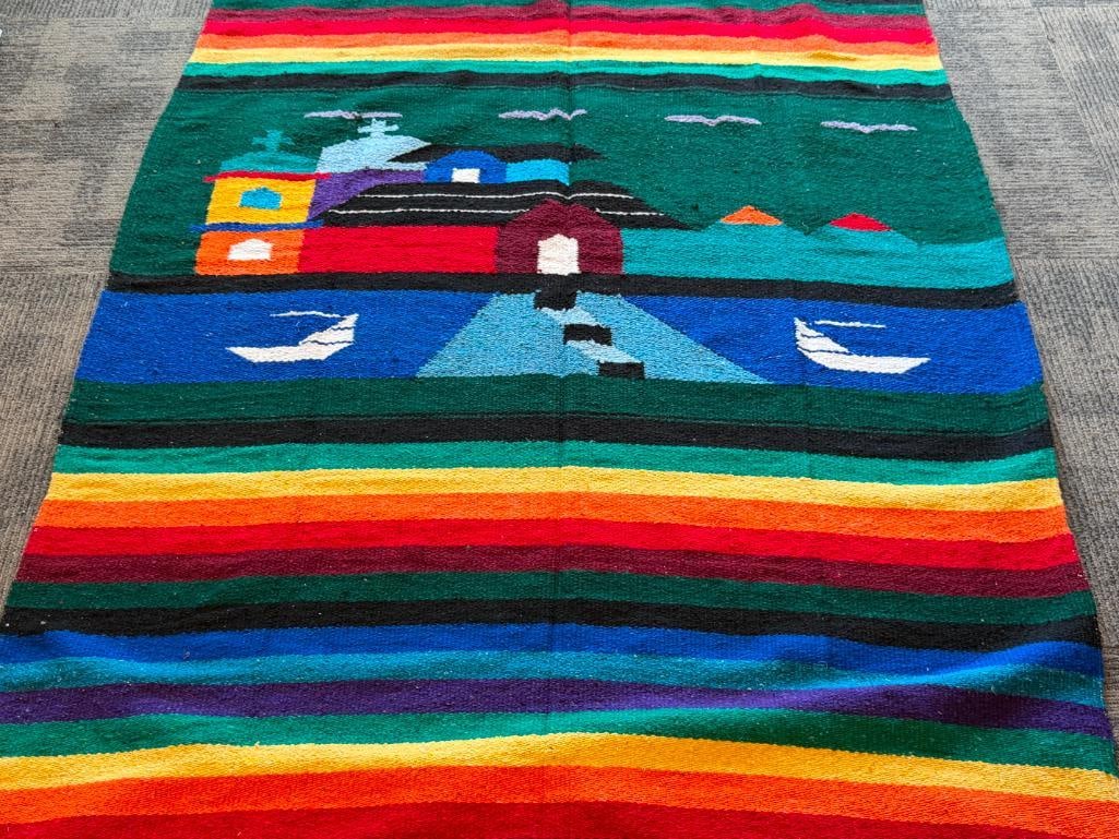 VINTAGE MEXICAN WOVEN RUG WITH VIBRANT STRIPE DESIGN AND CENTRAL VILLAGE LANDSCAPE - 2