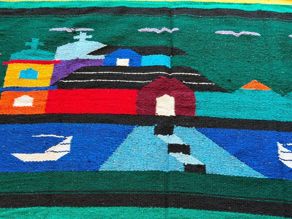VINTAGE MEXICAN WOVEN RUG WITH VIBRANT STRIPE DESIGN AND CENTRAL VILLAGE LANDSCAPE - 3
