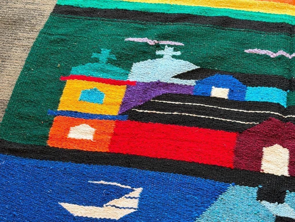 VINTAGE MEXICAN WOVEN RUG WITH VIBRANT STRIPE DESIGN AND CENTRAL VILLAGE LANDSCAPE - 4