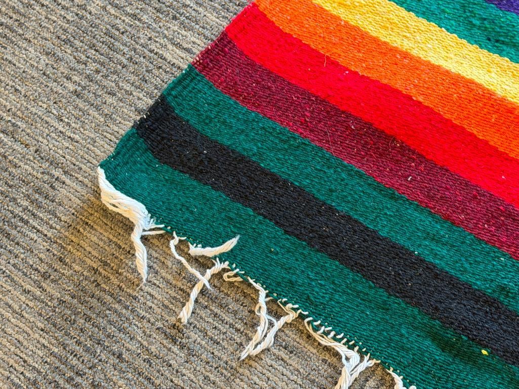 VINTAGE MEXICAN WOVEN RUG WITH VIBRANT STRIPE DESIGN AND CENTRAL VILLAGE LANDSCAPE - 5