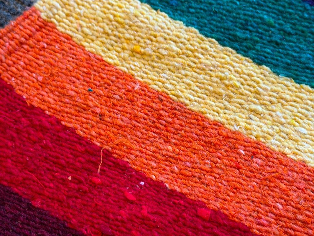 VINTAGE MEXICAN WOVEN RUG WITH VIBRANT STRIPE DESIGN AND CENTRAL VILLAGE LANDSCAPE - 6