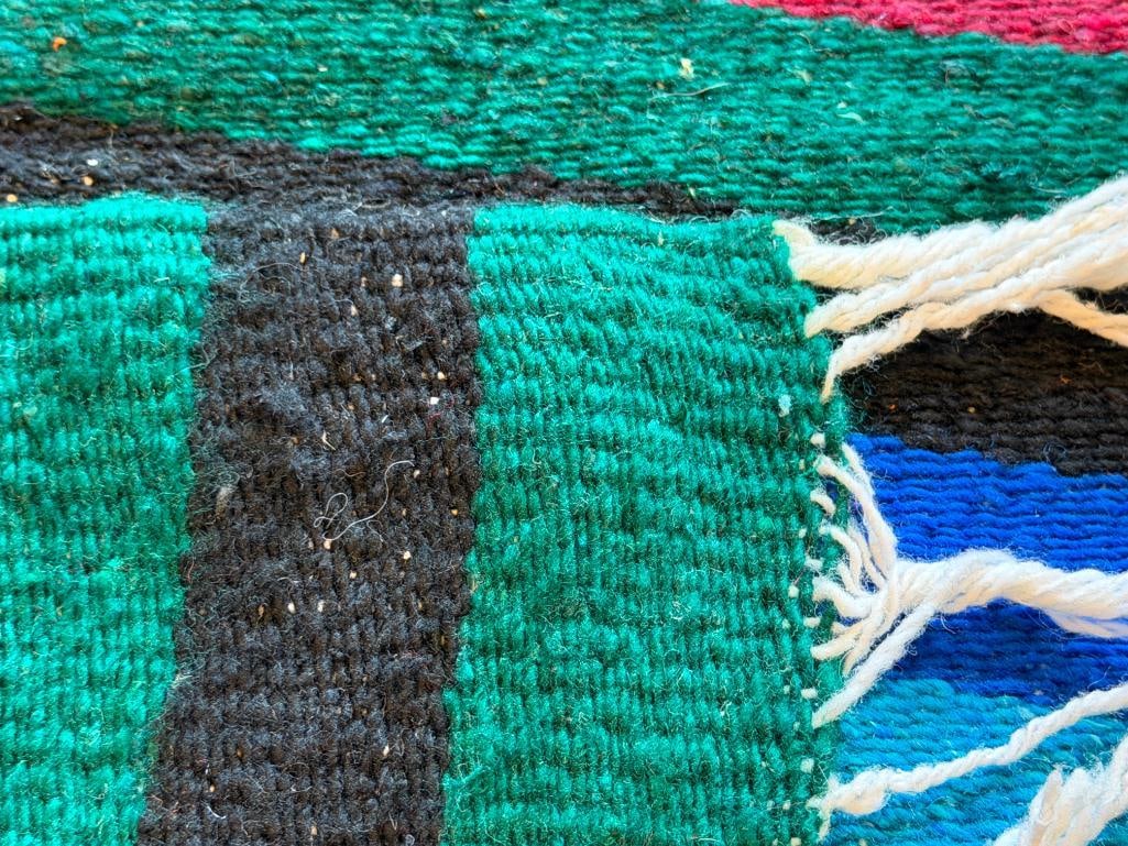 VINTAGE MEXICAN WOVEN RUG WITH VIBRANT STRIPE DESIGN AND CENTRAL VILLAGE LANDSCAPE - 7
