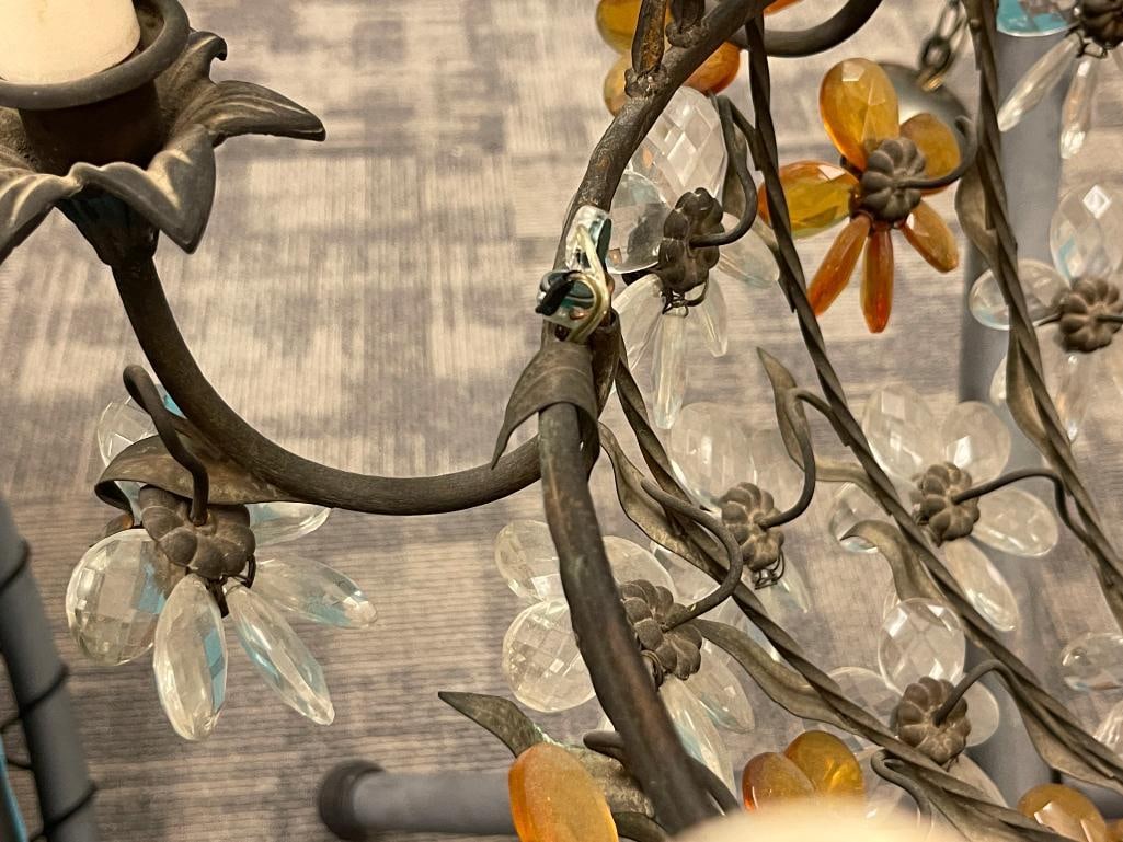 VINTAGE MURANO GLASS DESIGNER CHANDLIER FEATURING ORANGE AND CLEAR FACETED GLASS DANGLES - 12
