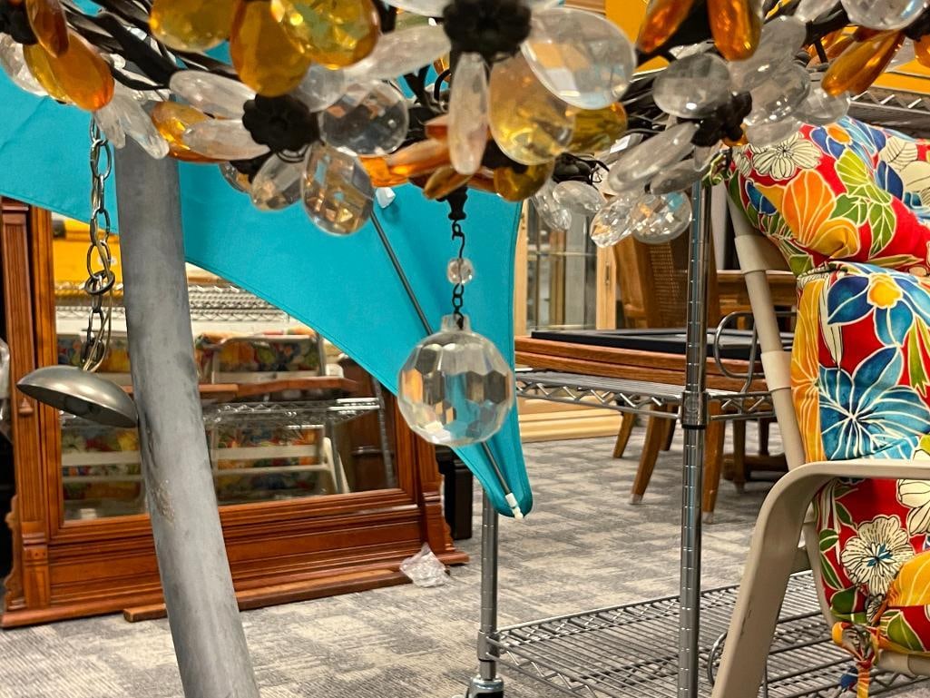 VINTAGE MURANO GLASS DESIGNER CHANDLIER FEATURING ORANGE AND CLEAR FACETED GLASS DANGLES - 13