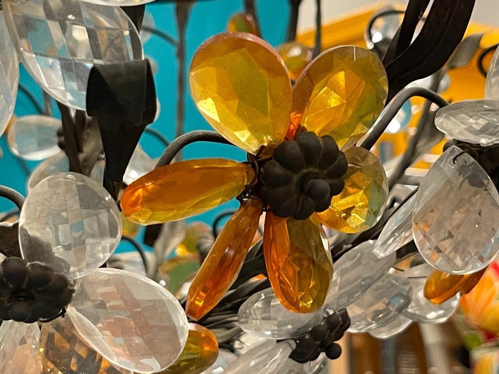 VINTAGE MURANO GLASS DESIGNER CHANDLIER FEATURING ORANGE AND CLEAR FACETED GLASS DANGLES - 14