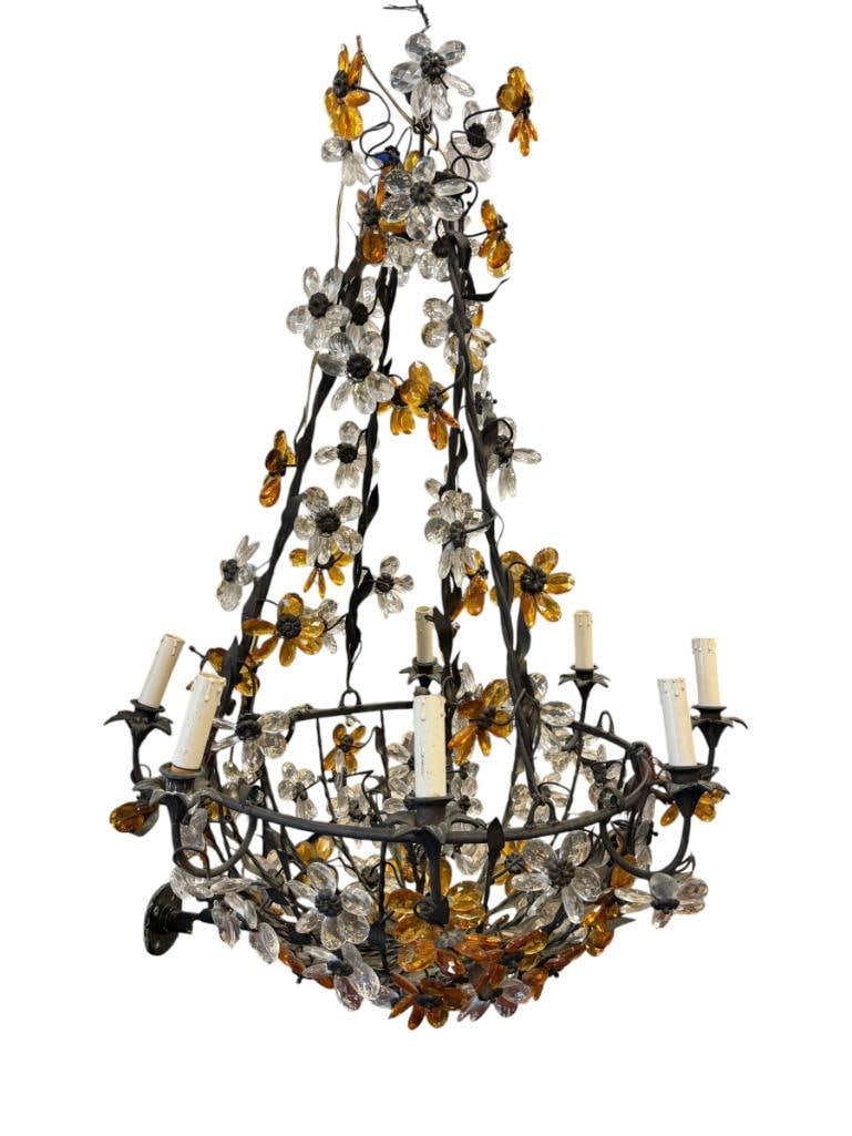 VINTAGE MURANO GLASS DESIGNER CHANDLIER FEATURING ORANGE AND CLEAR FACETED GLASS DANGLES - 15