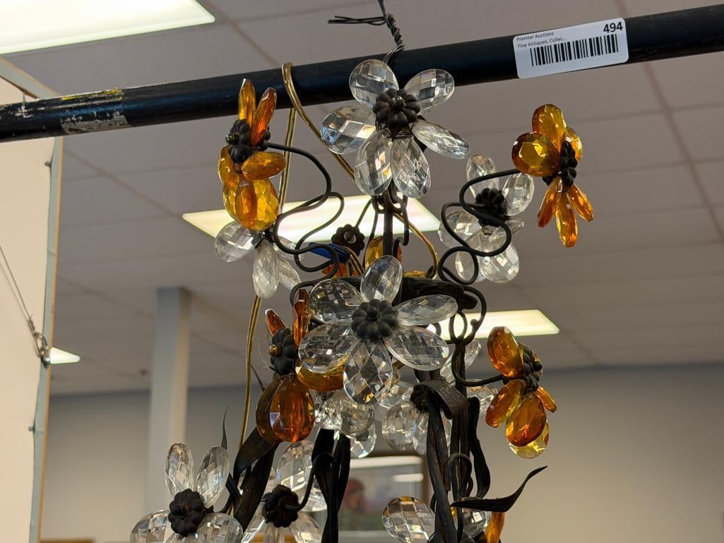 VINTAGE MURANO GLASS DESIGNER CHANDLIER FEATURING ORANGE AND CLEAR FACETED GLASS DANGLES - 18