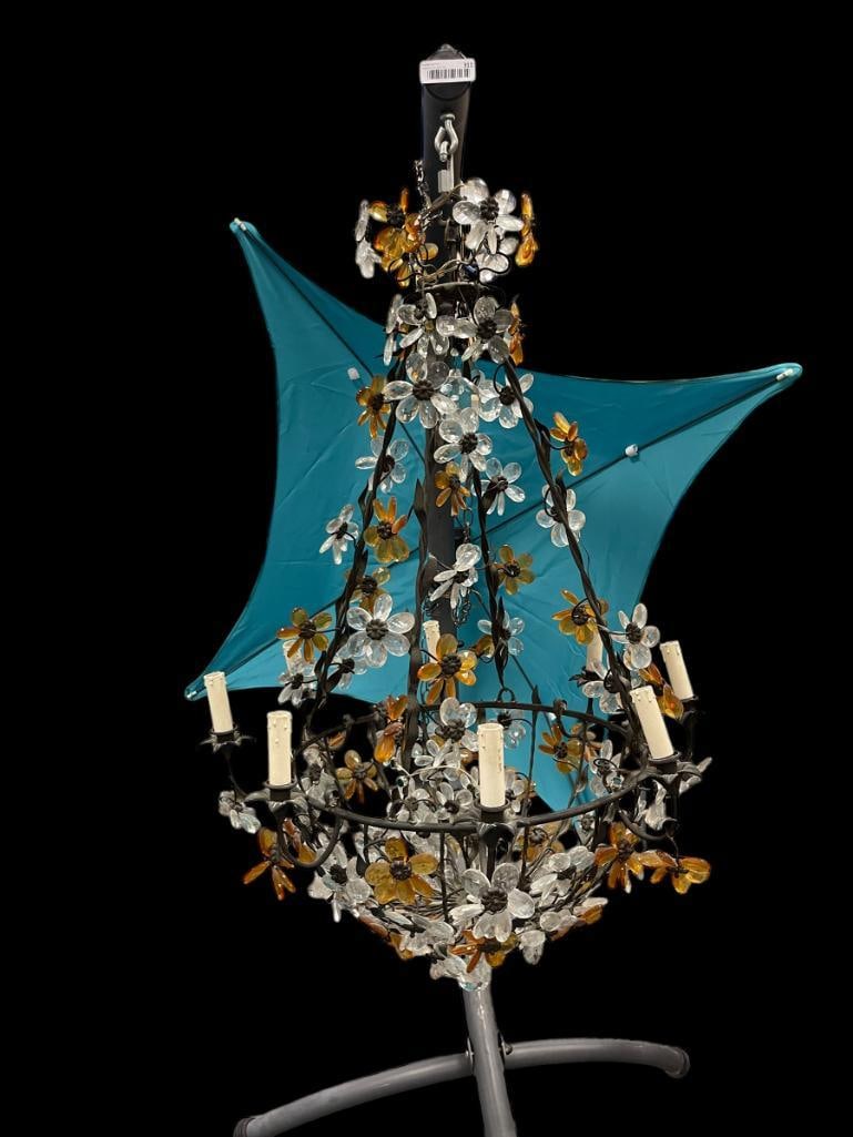 VINTAGE MURANO GLASS DESIGNER CHANDLIER FEATURING ORANGE AND CLEAR FACETED GLASS DANGLES: CHANDELIER FEATURES EIGHT ELECTRIC CANDLESTICKS, SEEMS TO BE FULLY INTACT, CANNOT TEST, WILL NEED TO BE REWIRED 28" W X 48" H