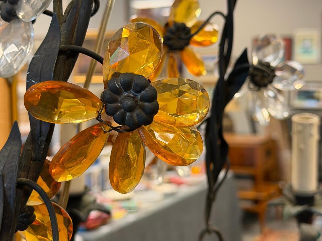VINTAGE MURANO GLASS DESIGNER CHANDLIER FEATURING ORANGE AND CLEAR FACETED GLASS DANGLES - 20